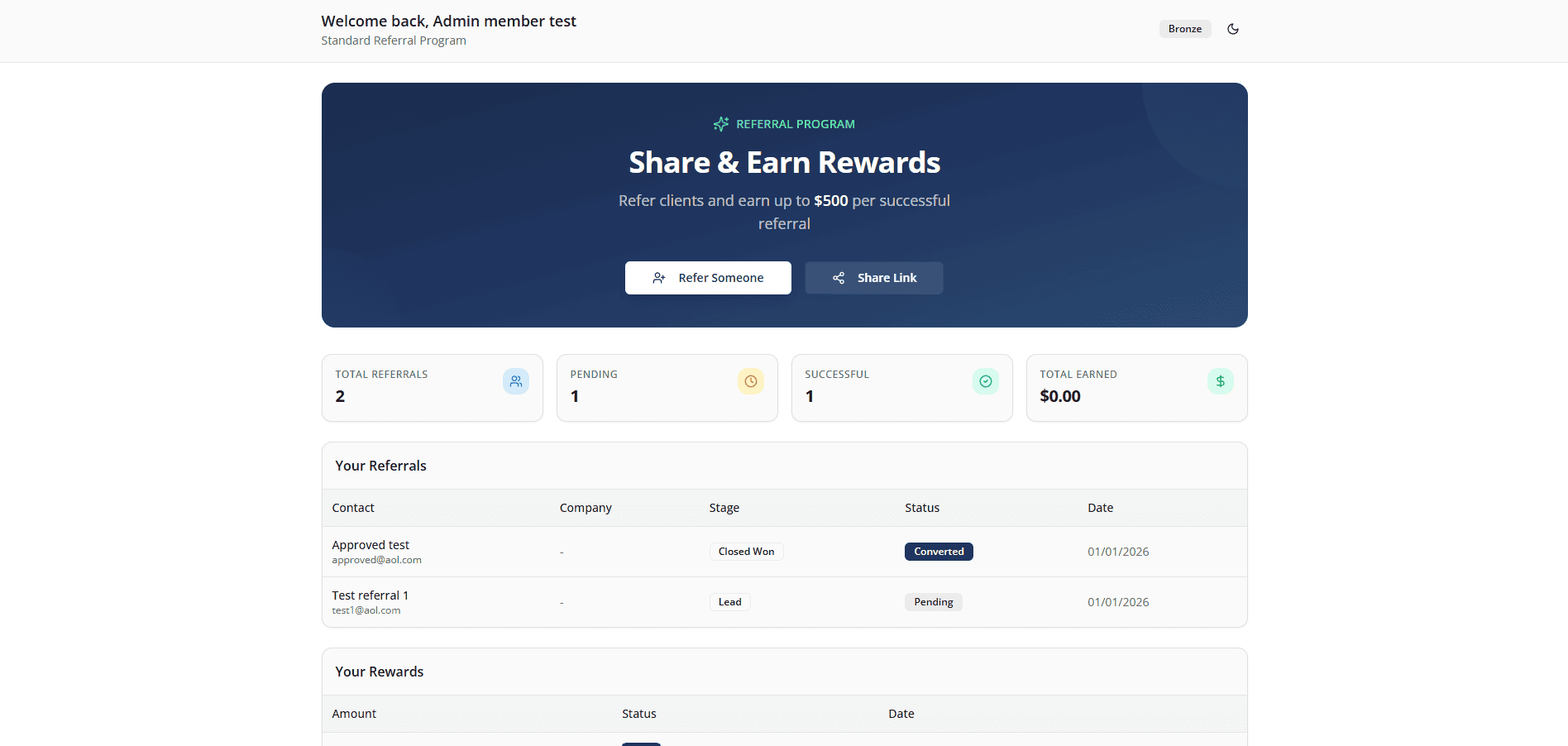 Member portal showing referral submission and tracking